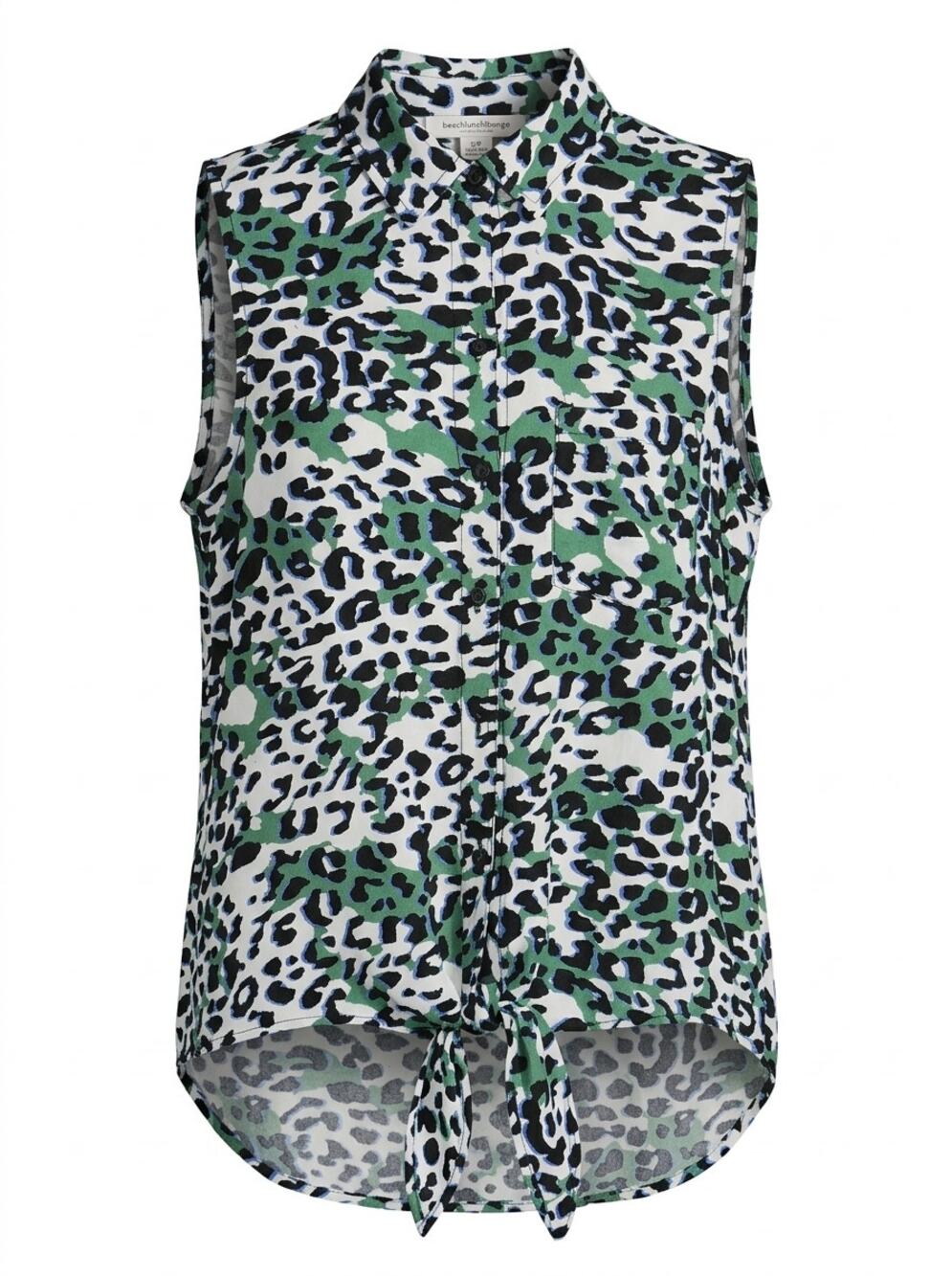 beachlunchlounge Green Leopard Print Tie Front Blouse Women Petite Size S/P